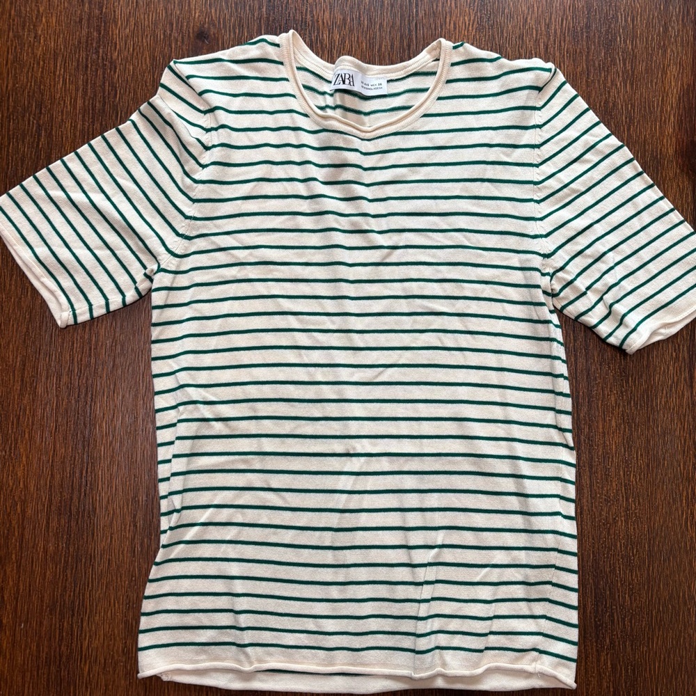 Zara Cream and Green Striped Top